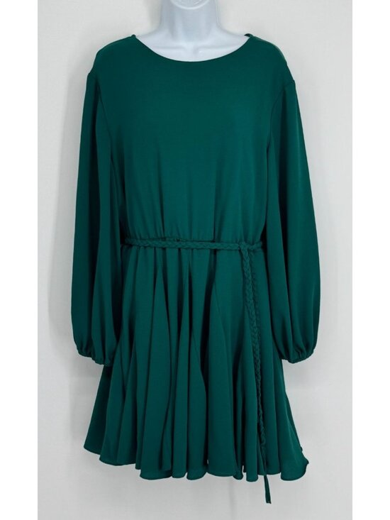 Premier Amour Dresses & Skirts - Emerald Green Dress 12 Fit Flare Long Bishop Slv Braided Belt Crepe Mini Pleat
